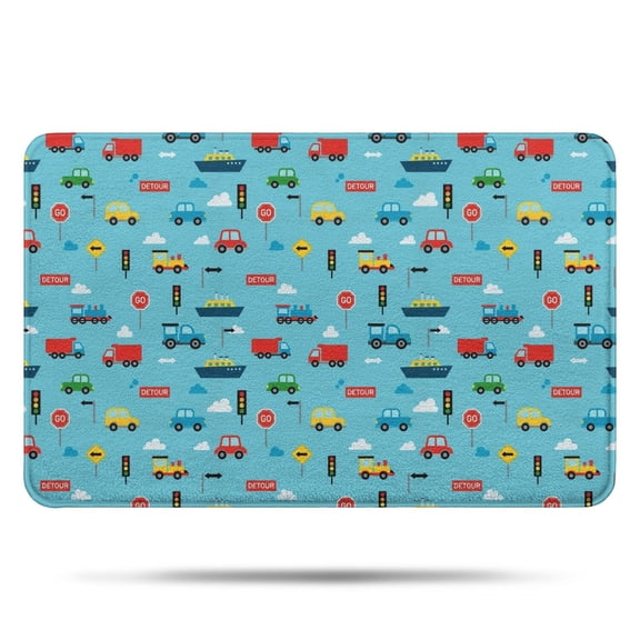 Cartoon Traffic Vehicles Signs Blue Pattern Bathroom Rugs Mat,Non Slip Microfiber Bathroom Rug,Rubber Backing,Soft Bathroom Mats for Bathroom Floor,Tub and Shower,17x27in(43x68cm)