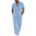 thumbnail image 2 of OIOLOYJM Men 2 Piece Outfit Linen Beach Short Sleeve Button Down Pocket Shirt and Elastic Waist Pajama Pants Casual Relaxed Fit Vacation Sleep Pj Sets Light Blue S, 2 of 6