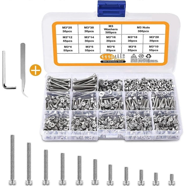 1110 Pcs Ensemble de Vis M3 en Acier Inoxydable 304 Tête Hexagonale Vis Douille Boulons Vis avec Écrous et Rondelles