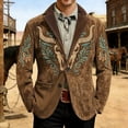 thumbnail image 3 of DGMIOCS Men's Corduroy Western Print Blazer Vintage Single Button Coat Long Sleeve Jacket with Pockets Brown XXL, 3 of 6
