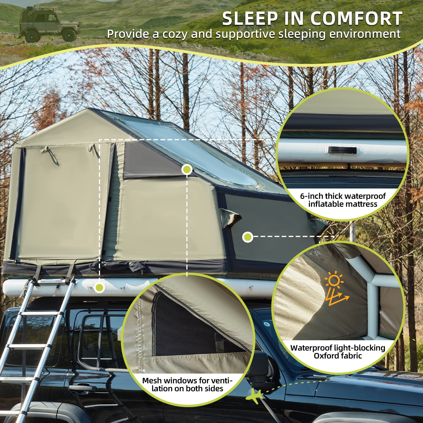 EROMMY Inflatable Rooftop Tent, Multi-Purpose Inflatable Tent with Extended Canopy and Air Cushion, Waterproof Full Dull Poly Textured Oxford, Easy Set-up SUV Tents for Camping