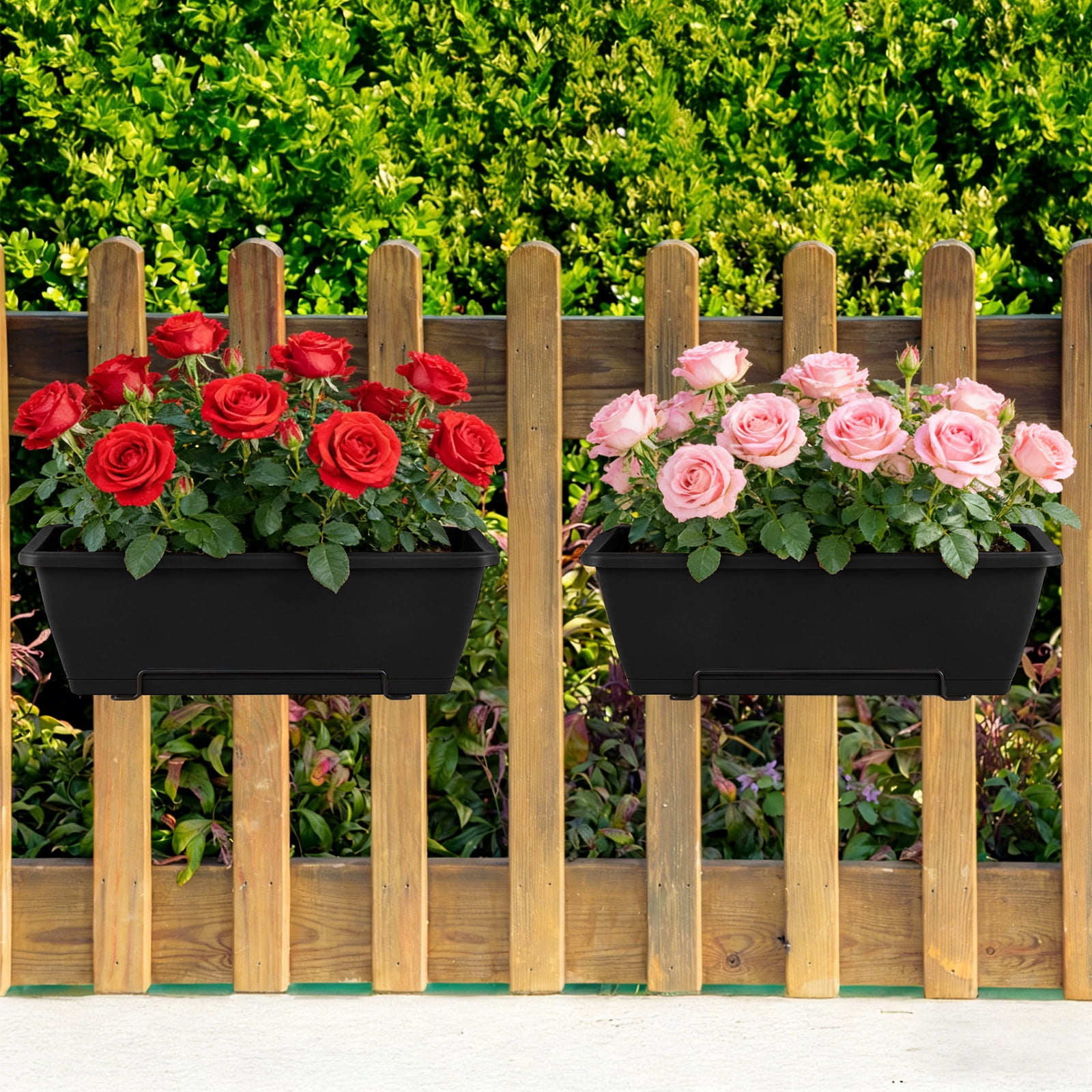 Railing Planter Boxes, Deck Rail Planter for Outdoor Plants, Hanging Railing Window Boxes Planter with Drainage Tray, Window Flower Pots with Brackets, for Over Rail Porch Fence, Balcony & Home Decor