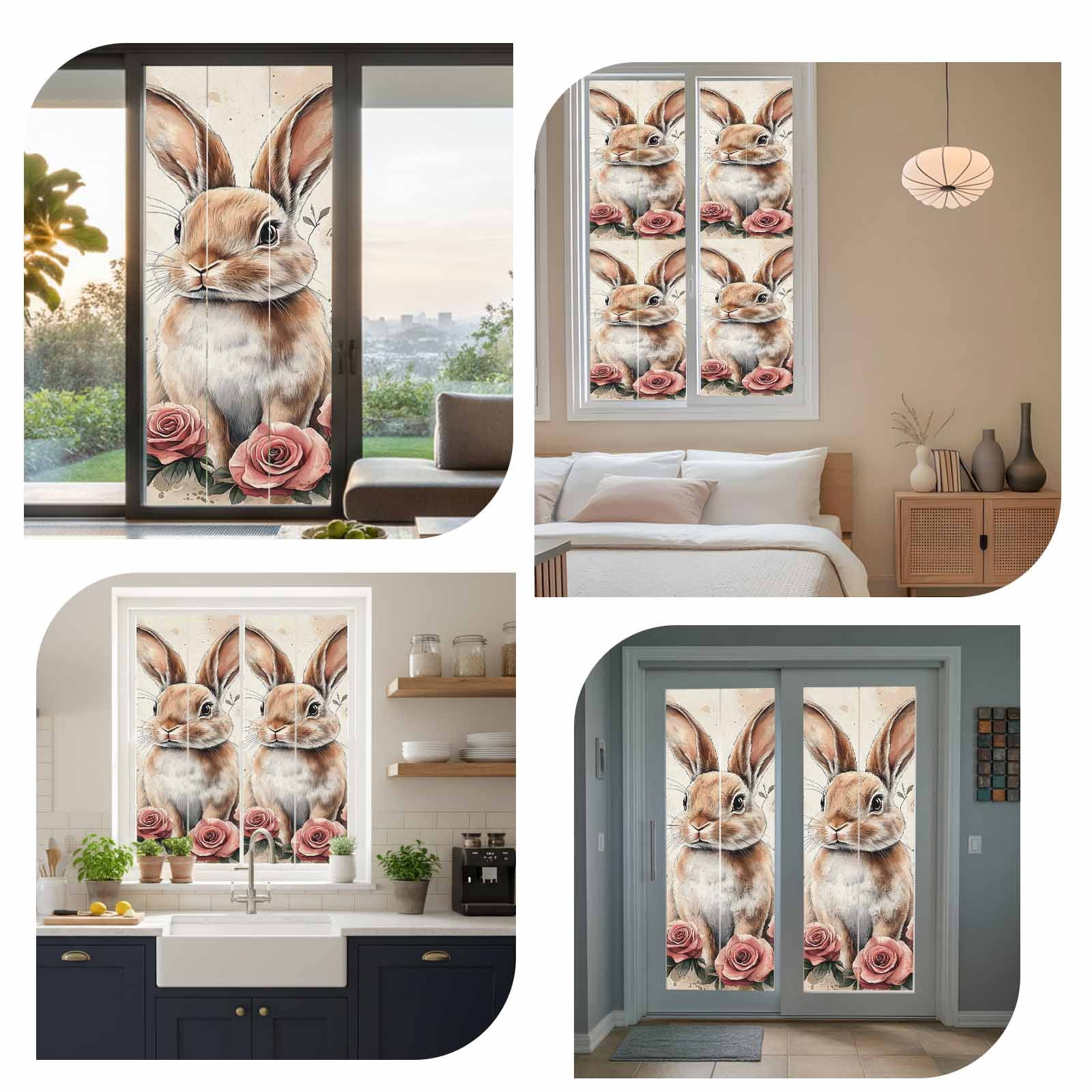 Egg Bunny Window Privacy Film, Retro Rose Frosted Glass Window Clings Static Cling UV Heat Blocking Reusable Door Sticker for Bathroom 23.6 x 59 Inch