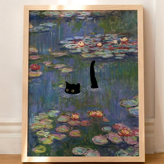 Kna Prints - 1 Pc Poster Cat Print Monet Water Lilies Fny Black Cat Gift Wall Art Home Decor Without Frame , UNFRAMED-8x12