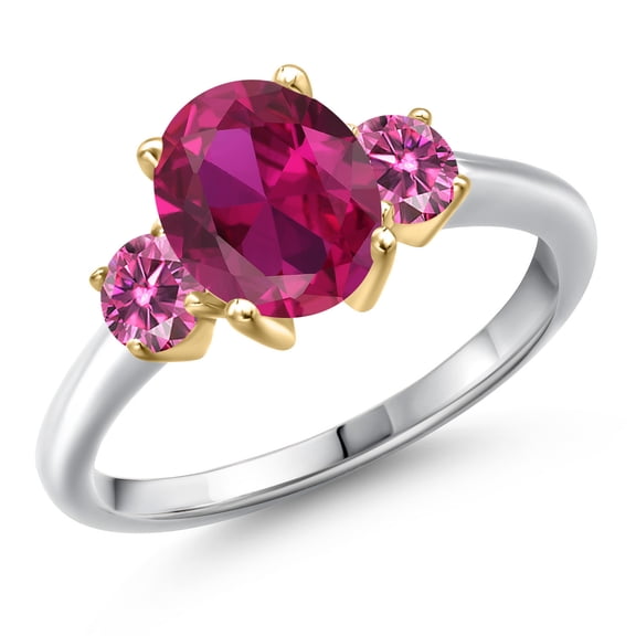 Gem Stone King 925 Silver and 10K Yellow Gold Red Created Ruby and Pink Moissanite Engagement Ring for Women | 2.46 Cttw | Oval 9X7MM | Gemstone July Birthstone | Size 6