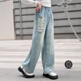 thumbnail image 4 of EnJoCho Girls Bow Denim Pants Kids Baggy Wide Leg Jeans Teens Casual Elastic Waist Vintage Trousers with Pocket Clothes Embroidered Flare Denim for Girls 6-16Y, 4 of 8