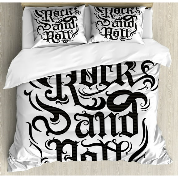 Rock Music Duvet Cover Set Queen Size, Vintage Hand Lettering Rock and Roll Retro Concept Art Abstract Swirled Lines, Decorative 3 Piece Bedding Set with 2 Pillow Shams, Black Dimgrey, by Ambesonne