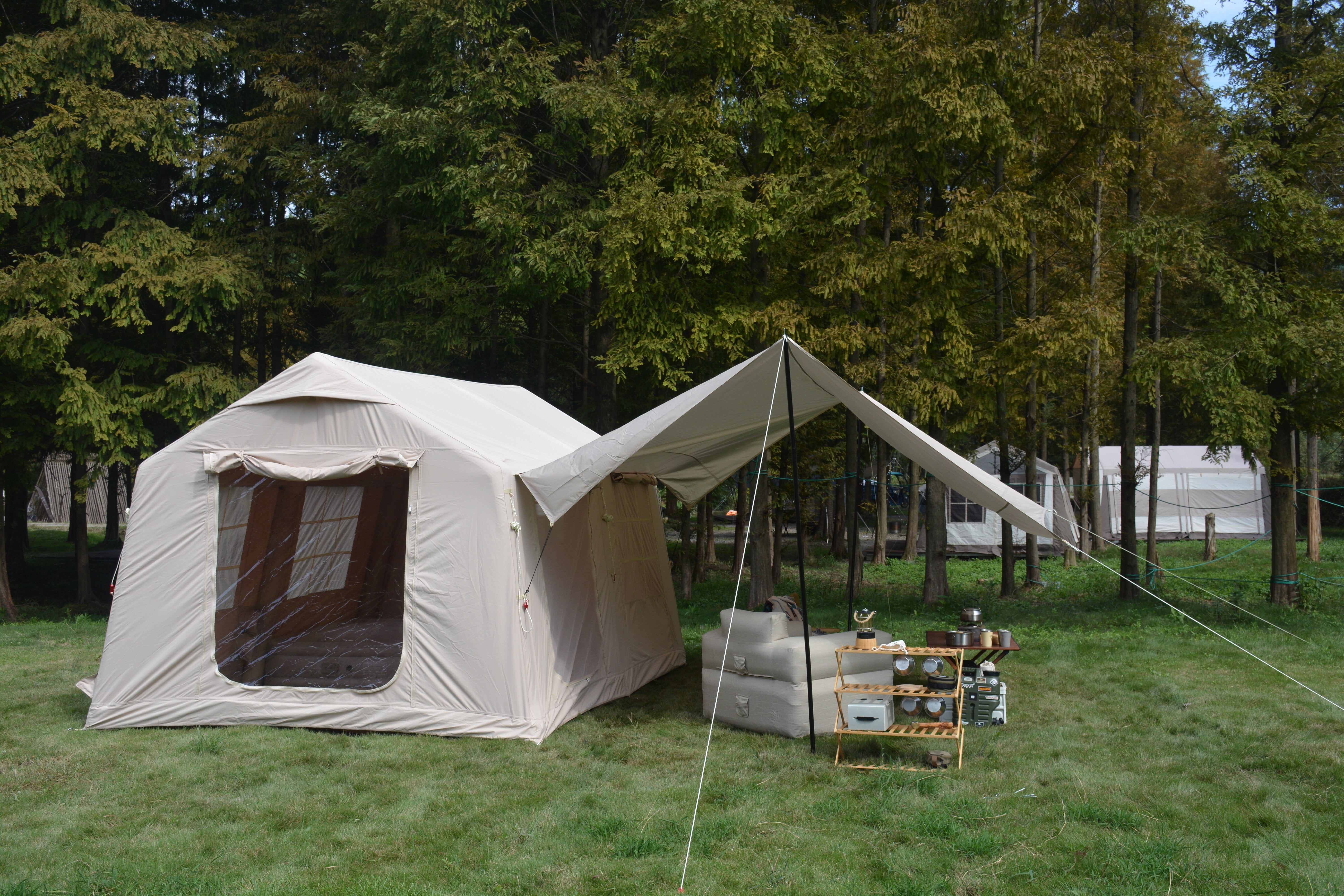 Acpouw 9.8 x13ft with canopy, Inflatable Camping Tents with Hand Pump, Air Glamping Tents, Easy Setup Waterproof and Windproof Blow up Tent Beige