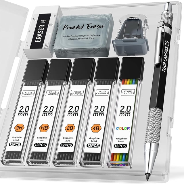 FZC-FourCandies Art Mechanical Pencil Set - 2MM Mechanical Pencils with 60PCS Graphite Lead Refills(HB, 2H, 2B, 4B, Color), Erasers & Sharpener, Drafting Pencil for Writing, Drawing, Sketching