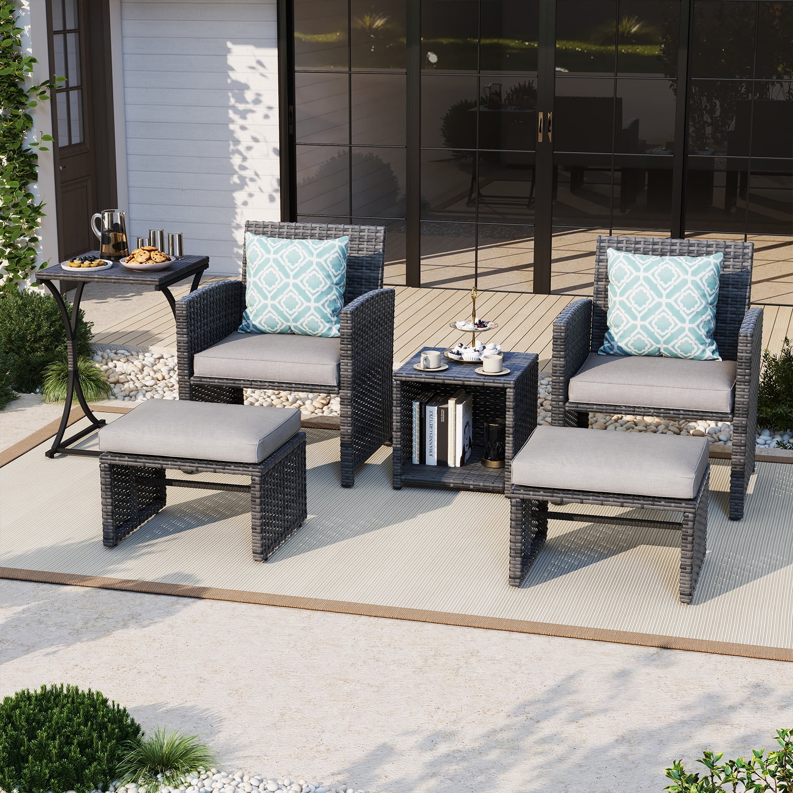 JOIVI 6 Piece Patio Furniture Conversation Set, with Ottoman, Outdoor Grey Wicker Chair and Table Set, Light Grey