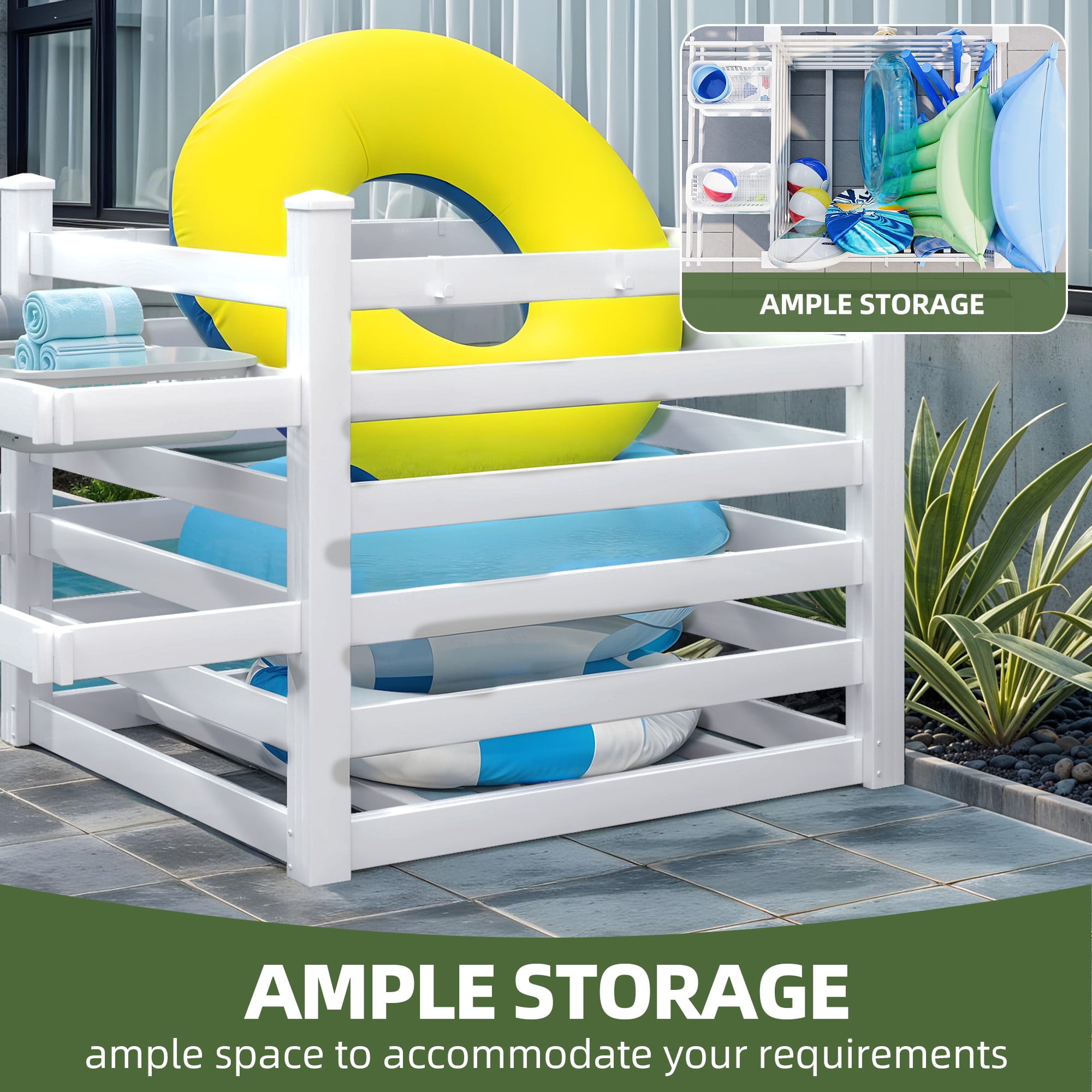 Uforic Outdoor Waterproof Storage Organizer with 6 Hooks, Pool Deck Box, Patio Bin, 64"W x 47"L x39"H, White