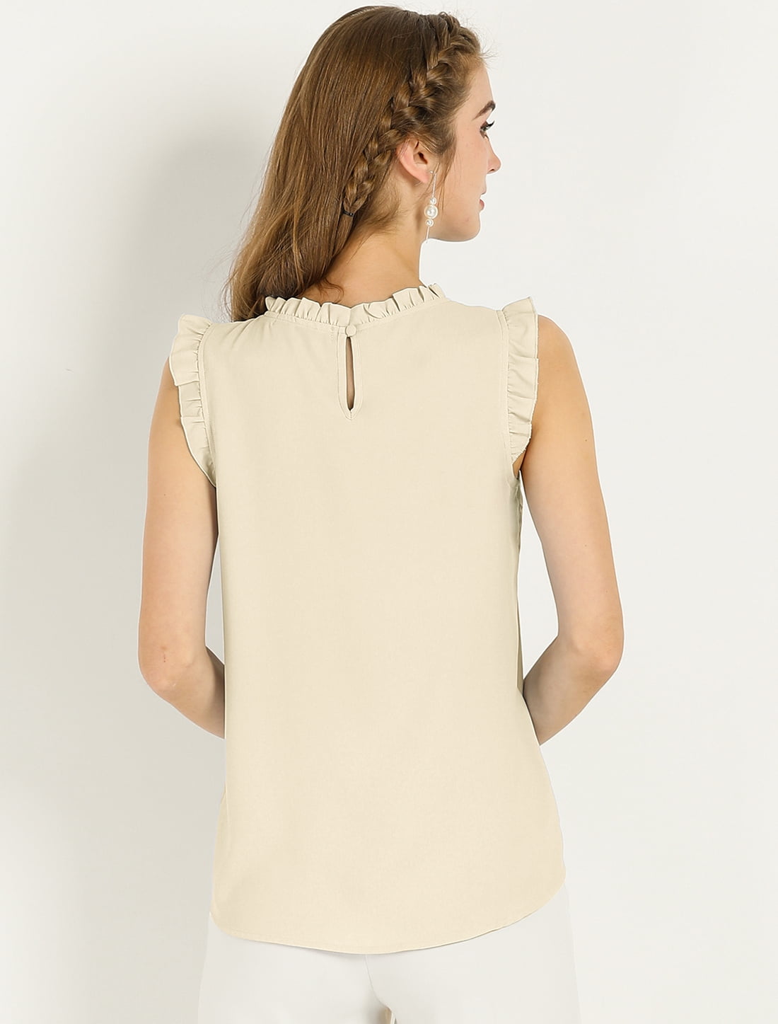 DARING DIVA Women's Ruffled Trim Pleated Plain Blouse Top 2XL Beige