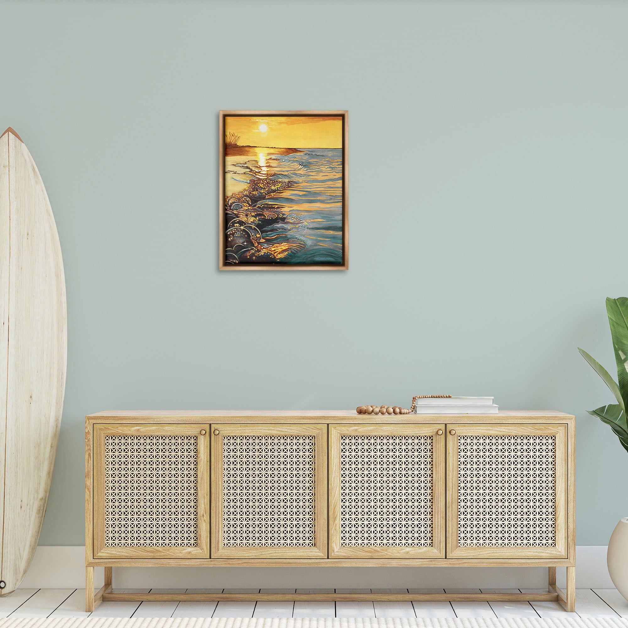 Stupell Industries Sunset over Beach Ripples Landscape Painting Brown Floater Framed Canvas Art Print Wall Art, 25 x 31