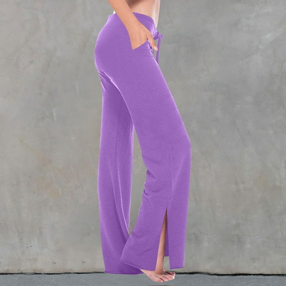 tarylea Yoga Pants for Women Wide Leg Drawstring Trousers Slit Hem Solid Color Pants Casual Loose Stretch Comfy Workout Pants