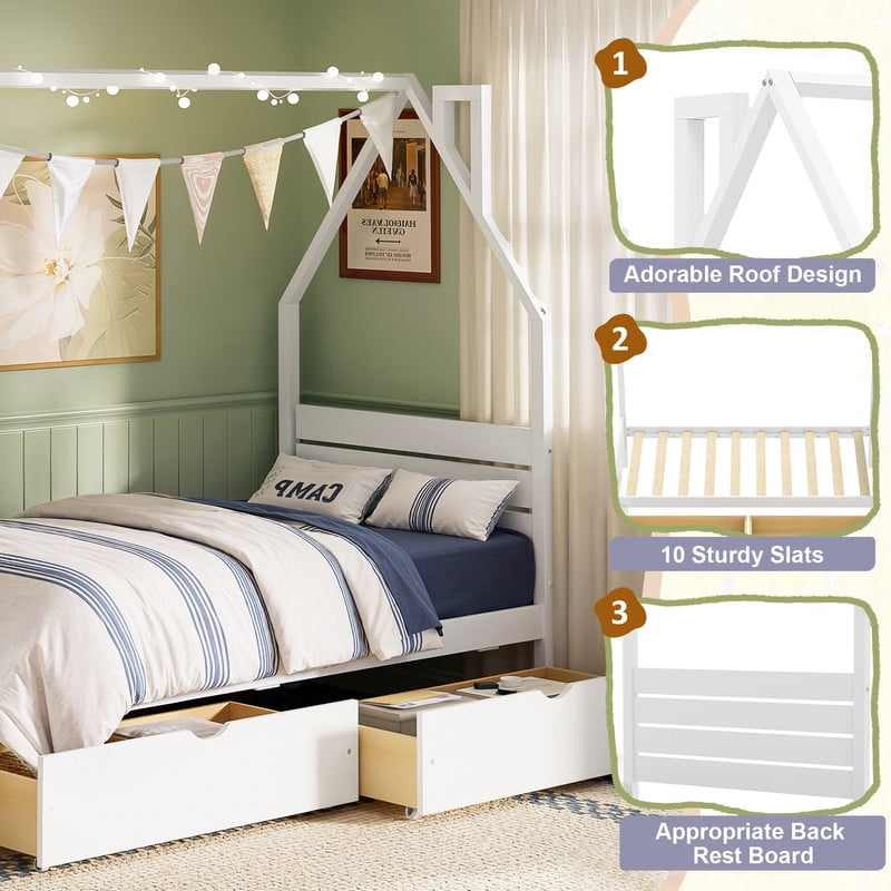 Twin Size Kids House Bed Frame, Montessori Child Floor Bed with 2 Storage Drawers, Wooden Low Profile Platform Bed