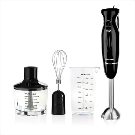 OVENTE Immersion Electric Hand Blender 300 Watt Power 2 Mix Speed with Stainless Steel Blades, Handheld Stick Mixer Set with Egg Whisk Attachment Mixing Beaker and BPA-Free Food Chopper, Black HS565B