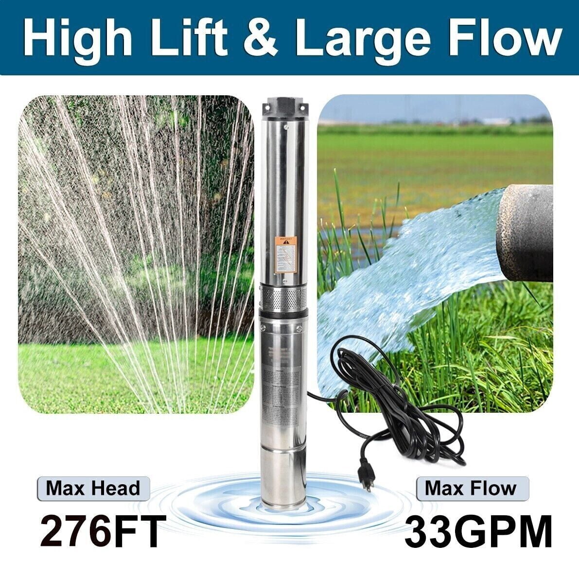iMeshbean Deep Submersible Well Pump 1HP 33GPM 276ft Head with 100ft Electric Cable,110V 1-1/4" NPT Stainless Steel Water Pump 4" Water Pumps for Industrial, Irrigation and Home Use