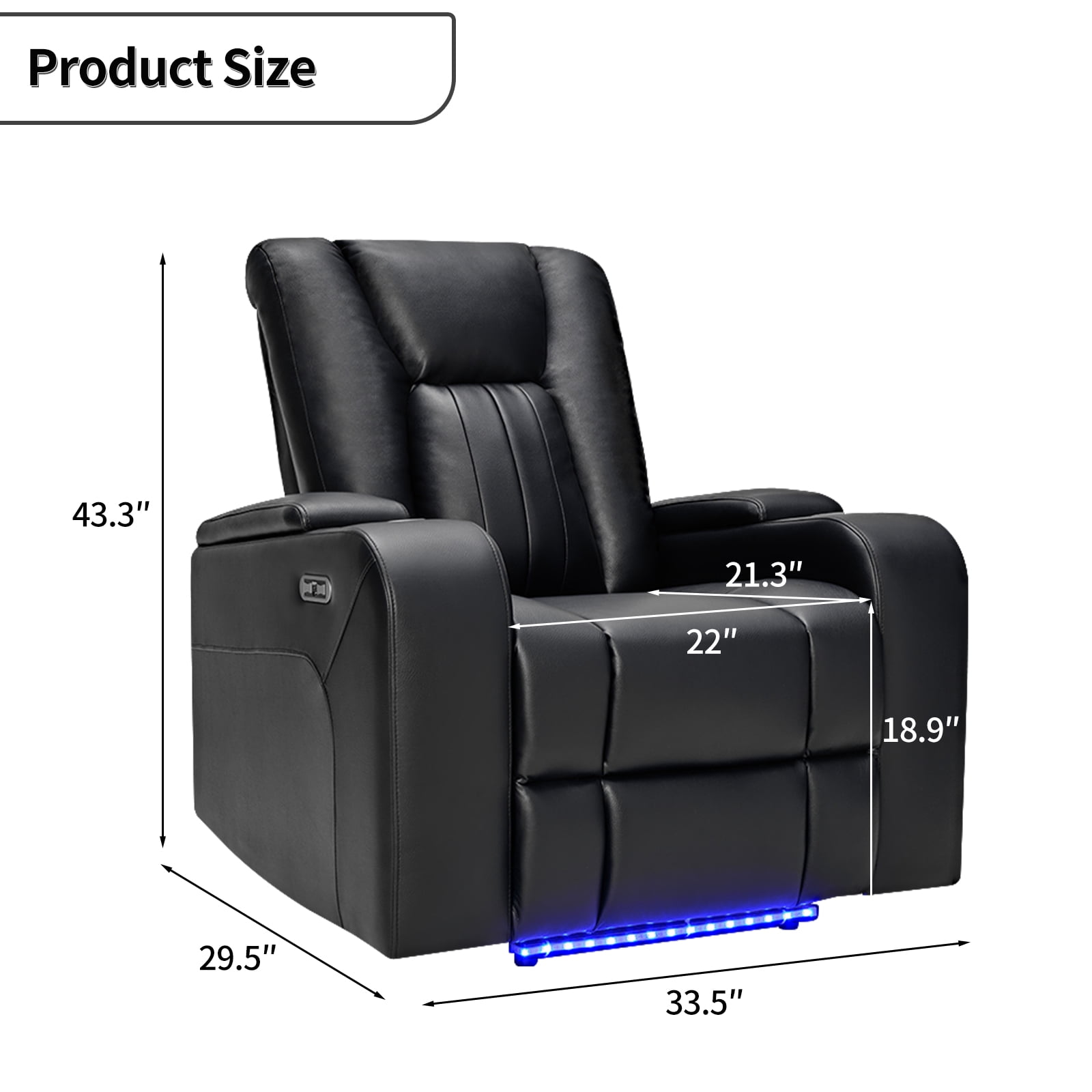 Bonzy Home Electric Power Recliner Chair, Breathable Leather, LED Light, USB Ports, Cup Holders, Hidden Storage, Home Theater Seating