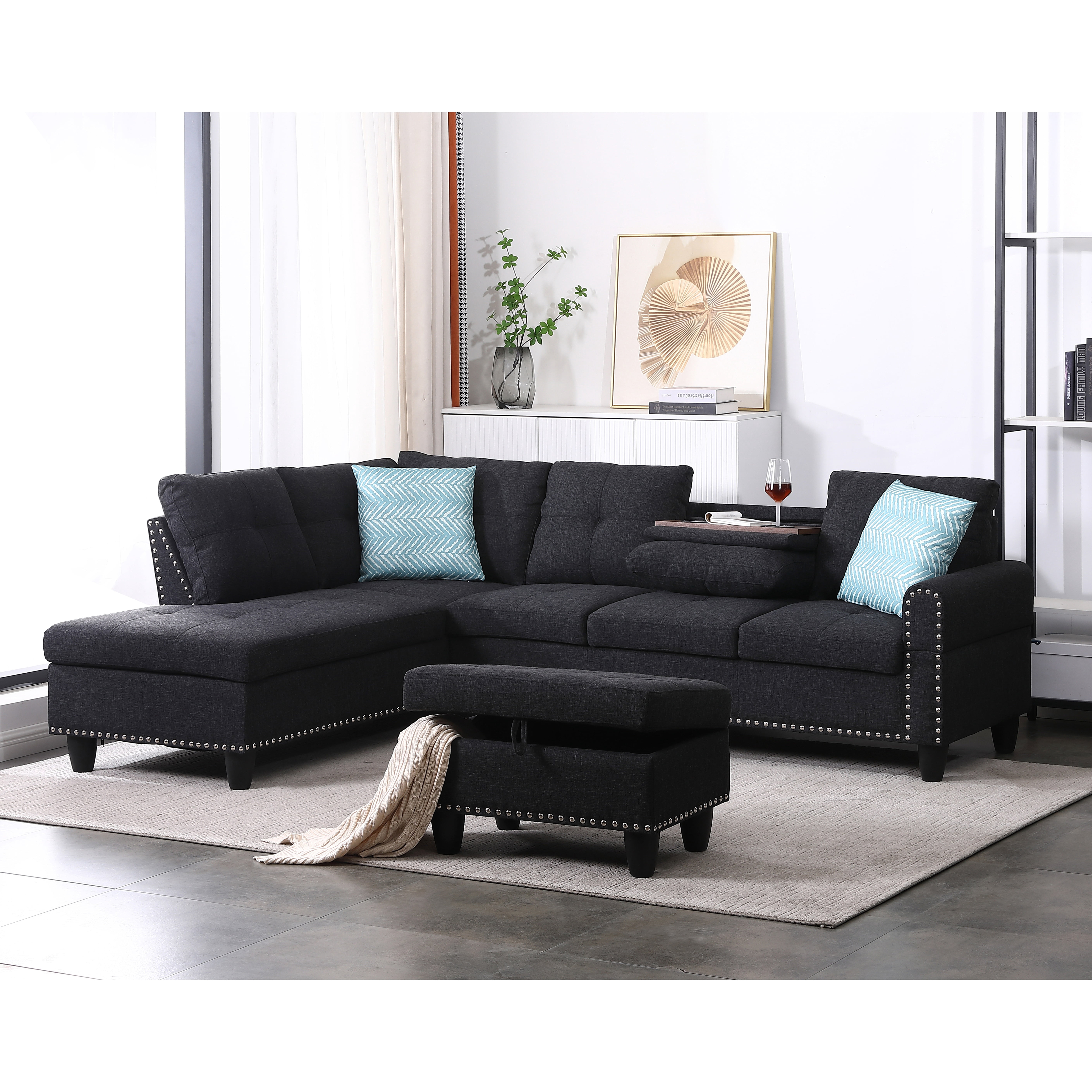 Gewnee L-Shaped Sofa & Chaise Sectional, Linen Blend Fabric Upholstered Couch with Storage Ottoman, Nailhead Trim and Toss Pillows for Living Room Apartment, Charcoal Grey