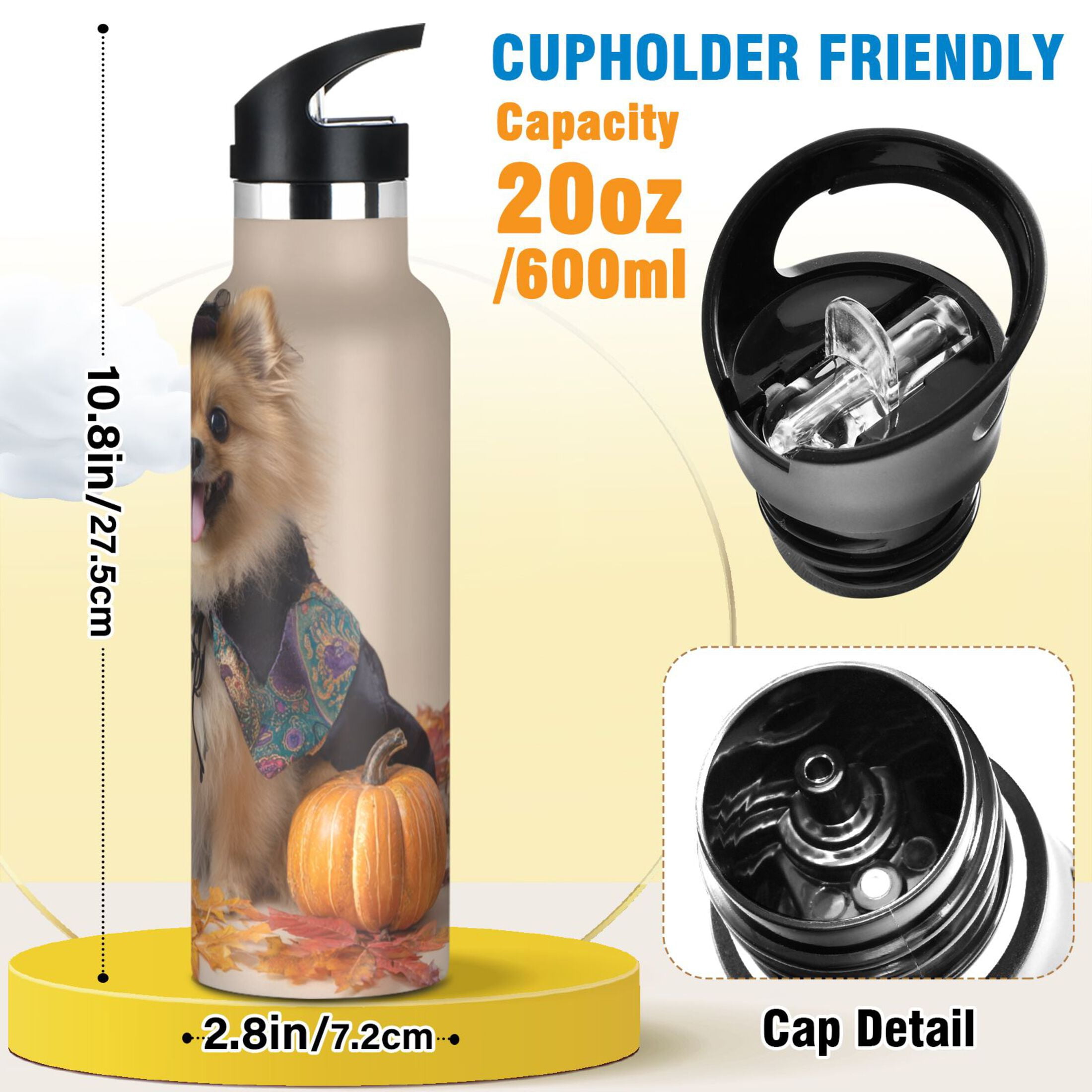 Kids Insulated Stainless Steel Sports Water Bottle 600ml (20oz) Cute Pomeranian Dog and Pumpkins