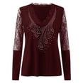 thumbnail image 4 of Mujeres Sexy Rhinestone V-Cuello Encaje Empalme Malla Manga larga Jersey Top Blusa Camiseta Pompotops gfhjh22850, 4 of 5