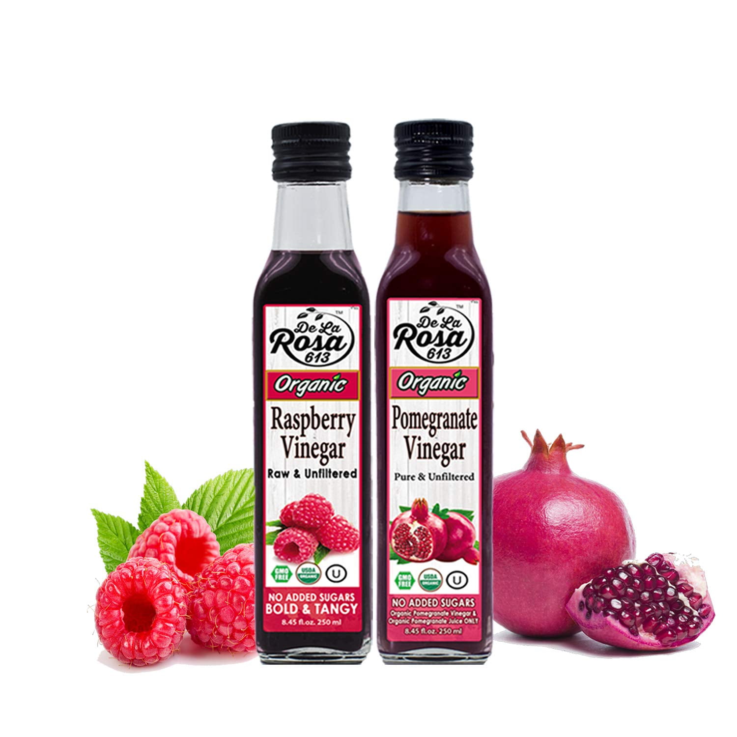 De La Rosa 613 Organic Raspberry & Pomegranate Vinegar, Raw & Unfiltered, Pure Vinegars, 8.45 Oz (2 Pack)