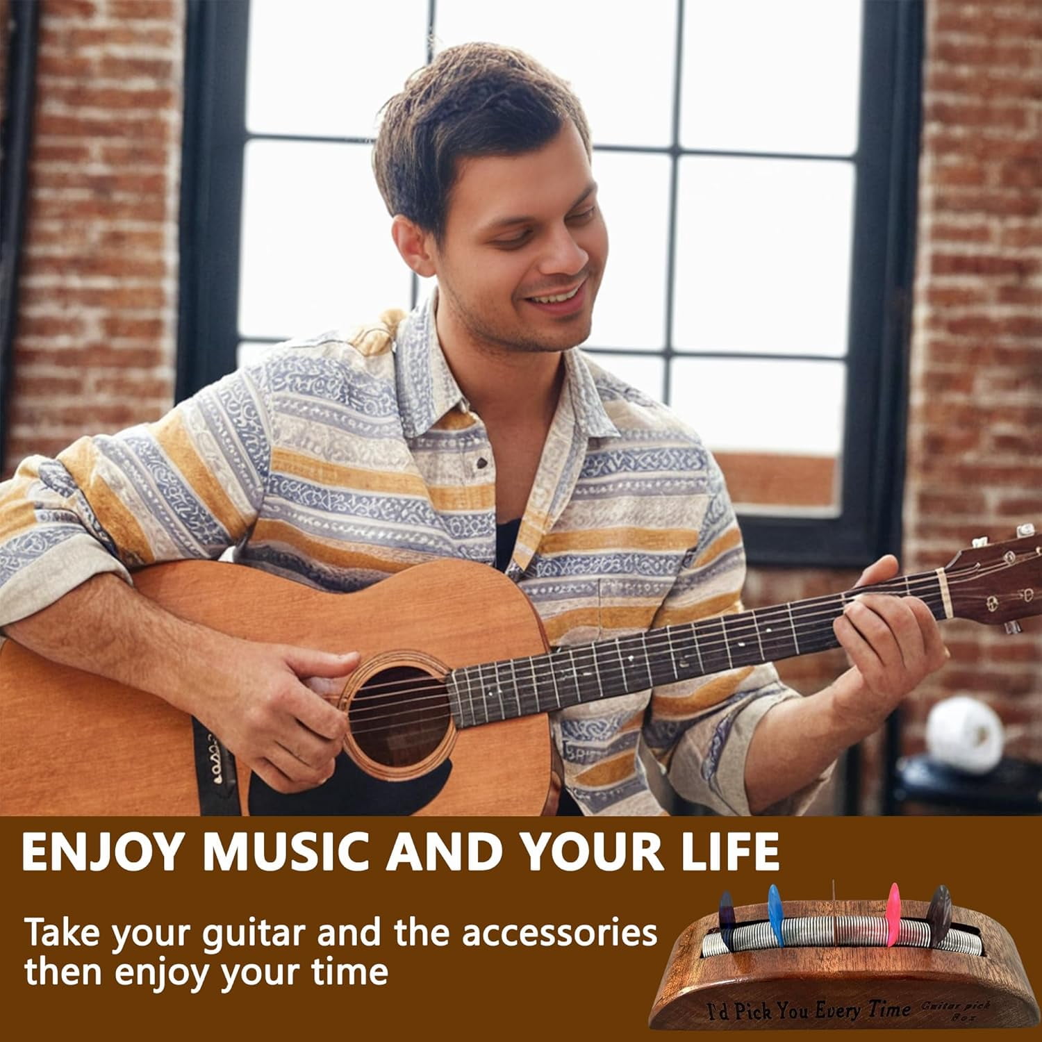Wooden Guitar Pick Holder: Guitar Pick Display Case Holder, Guitar Pick Stand, Exquisite Guitar Accessories Guitar and Bass Gift, 6.69 * 1.77 * 1.97 inch Organizers (Light Brown)