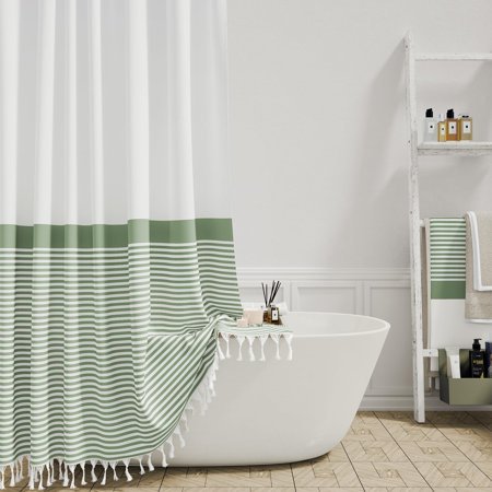 Dynamene Rideaux de Douche Extra Longs, 84 Pouces de Long Rideau de Douche en Tissu Boho Rayé avec Franges pour Salle de Bain, Ensemble de Rideaux de Douche en Tissu Texturé Boho avec Crochet, Vert Sauge, 72X84