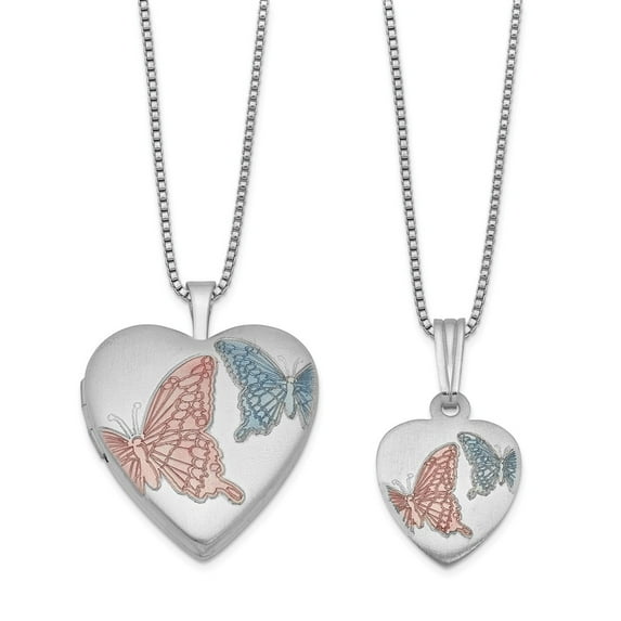 925 Sterling Silver Rhodium-plated Satin Enamel Butterflies Heart Locket & Pendant Set