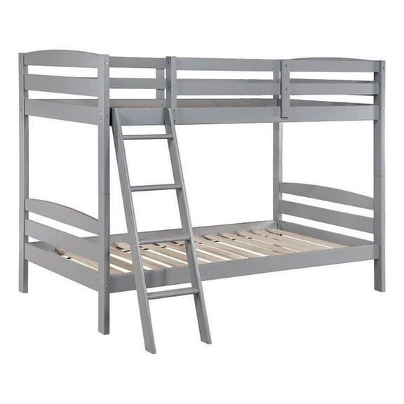 Hina Twin Bunk Bed- Angled Ladder- Sturdy Slat Design- Gray Solid Wood