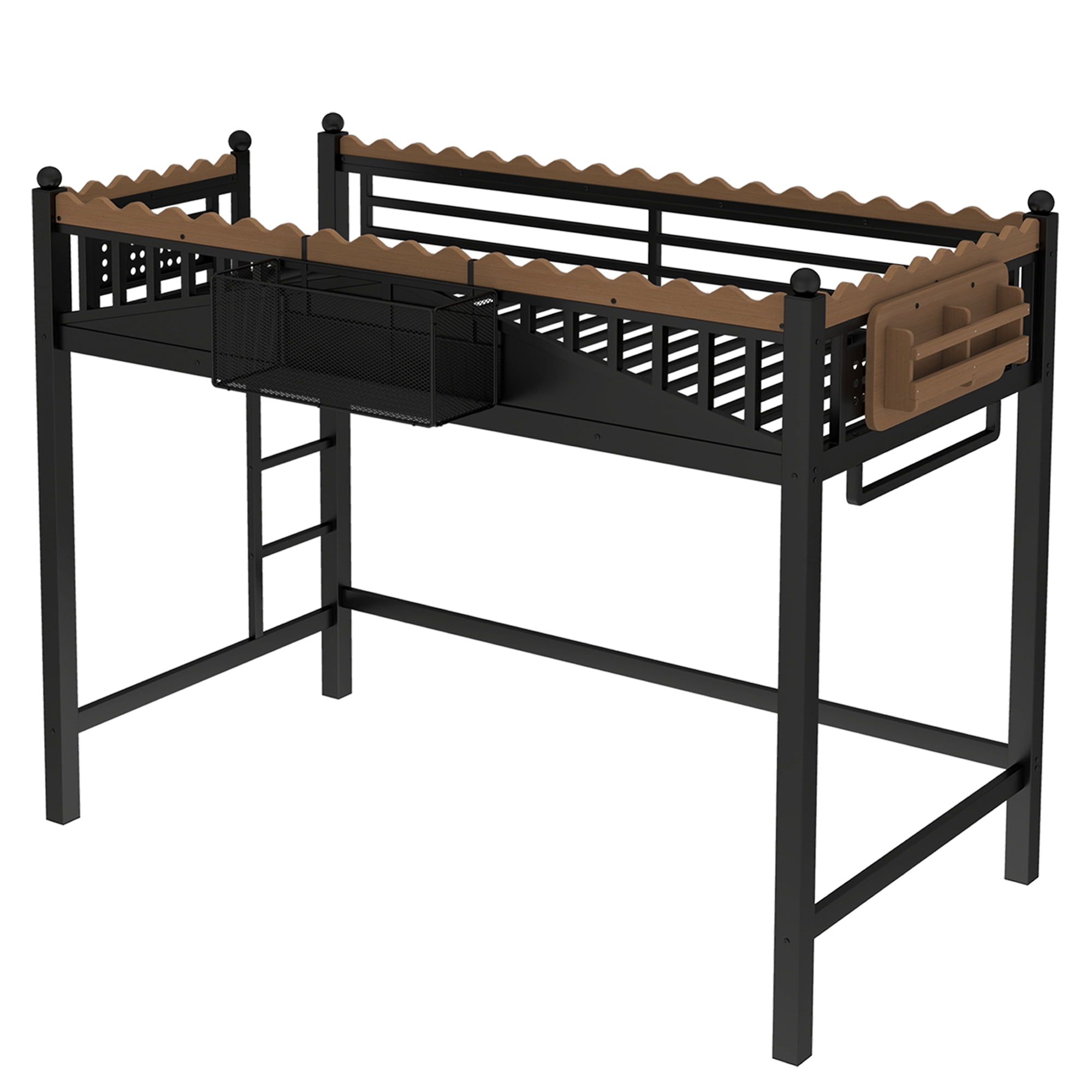 Twin XL Size Loft Bed with Ladder & Bookshelf, Metal Loft Bed Frame with Storage Shelves, Space-Saving Loft Bed for Dorms, Small Bedroom, Black