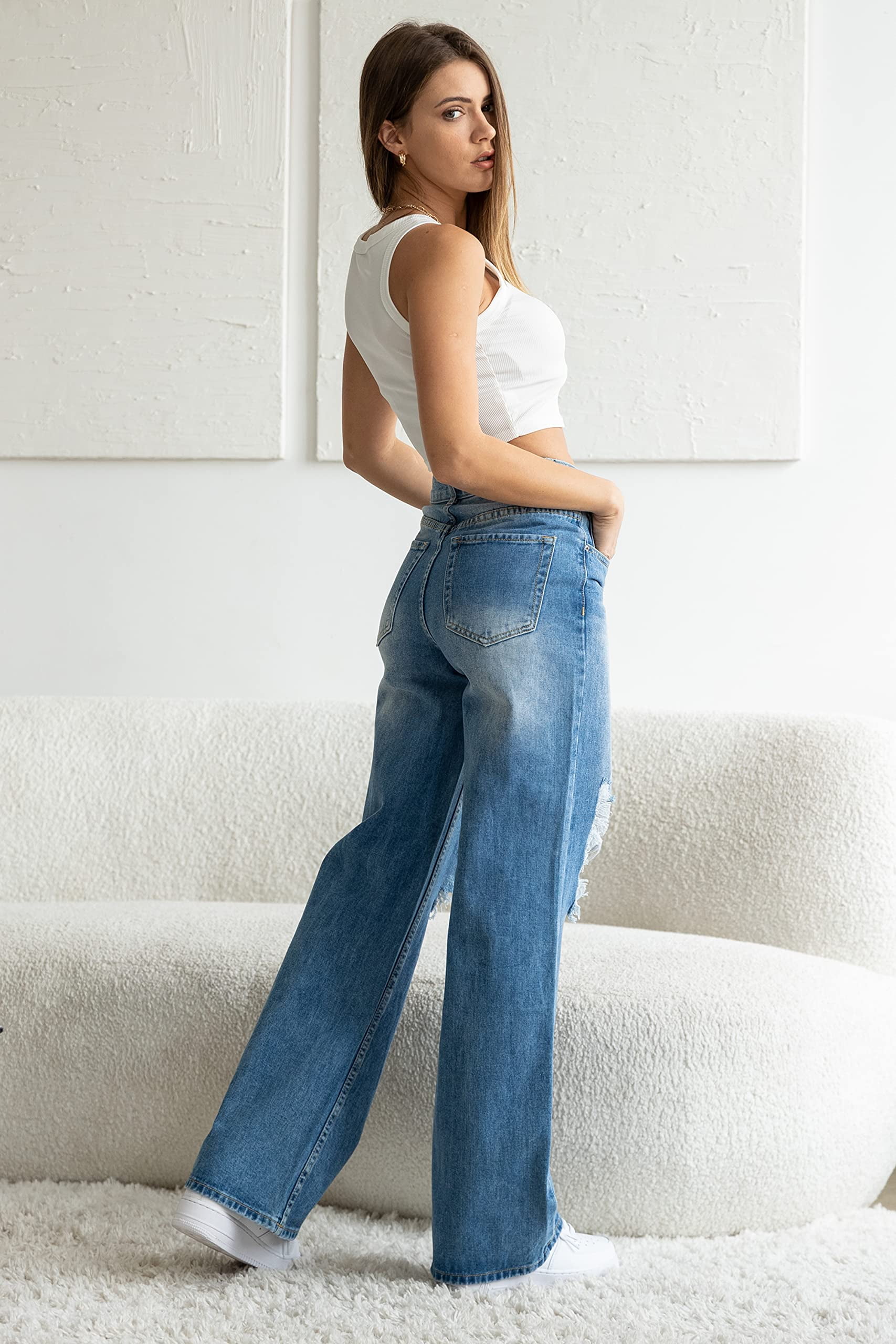 【Anyone more】Move Washing Maxi Wide Denim Pants KHAKI & BLUE Women's Denim Pants High Waisted Destructed 90s
