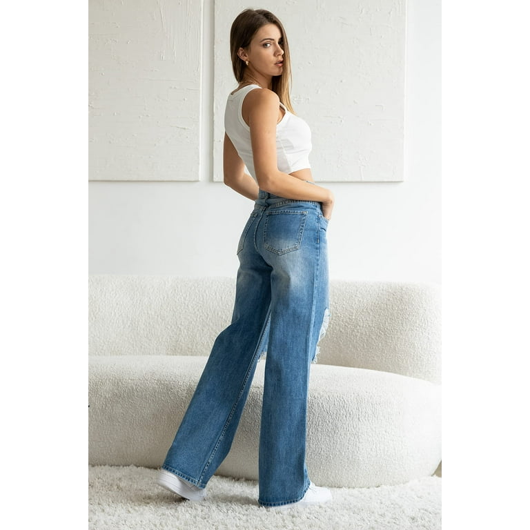 KHAKI BLUE Women s Denim Pants High Waisted Destructed 90s Loose Fit Wide Leg Distressed Casual Stretch Comfy Jeans 78898Z DM665 MED 0