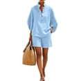 thumbnail image 2 of Women's Linen 2 Piece Outfits Batwing Sleeve Henley Shirt Shorts Set Casual Summer Loungewear Set Beach Outfit, 2 of 4