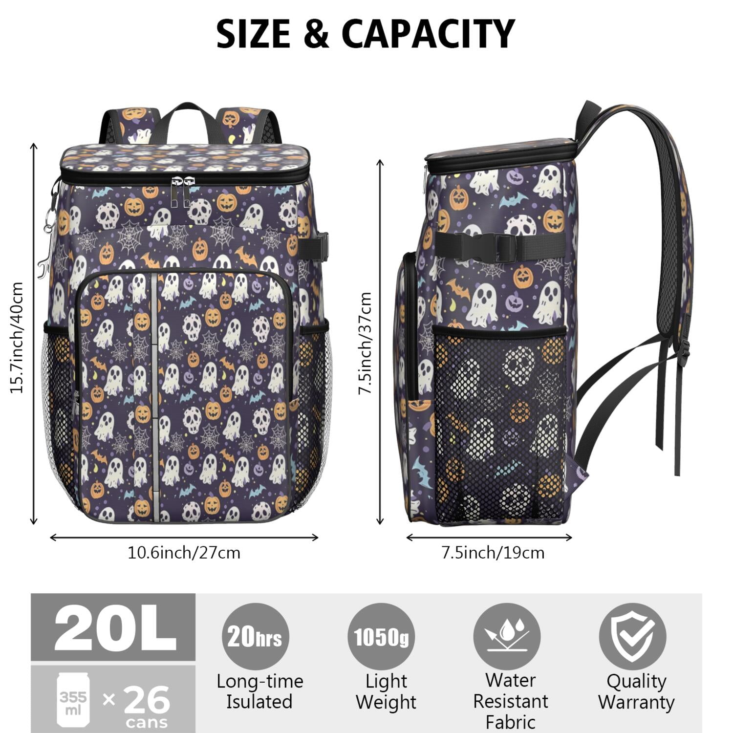 Travel Cooler Bag - Dark Halloween Pattern Camping Beer Cooler Backpack with Bottle Opener- Waterproof Insulated Picnic Backpacks - Cooler Bag for Beach