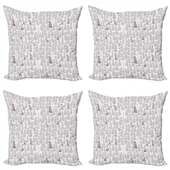 Floral Throw Pillow Cushion Case Pack of 4, Vintage Retro Leaf and Branch Hand-drawn Striped Motif, Modern Accent Double-Sided Print, 4 Sizes, Eggplant and White, by Ambesonne