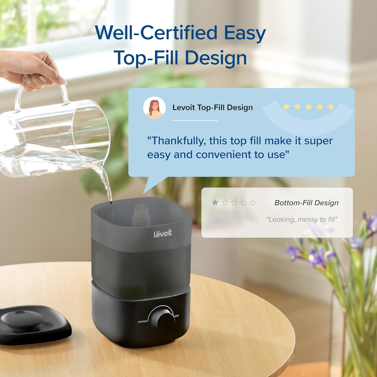 LEVOIT Classic 160 Top-Fill Ultrasonic Cool Mist Humidifier for Bedroom ,Auto Shut-off , 360° Rotating Nozzle, 2.5L, Black
