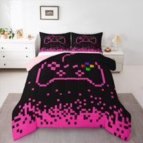 Manfei Boys Girls Video Game Full Size Comforter Sets 3-Piece,Abstract Plaid Gamepads Bedding Comforter Set,Black Pink Lightweight Bedding Sets,Luxury Bedroom Decor,Reversible