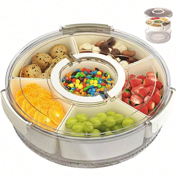 NUAN Rotating Snack Organizer with Lid, 6-Compartment Divided Serving Tray, Snack Container for Fruit, Vegetables, Candy and Charcuterie