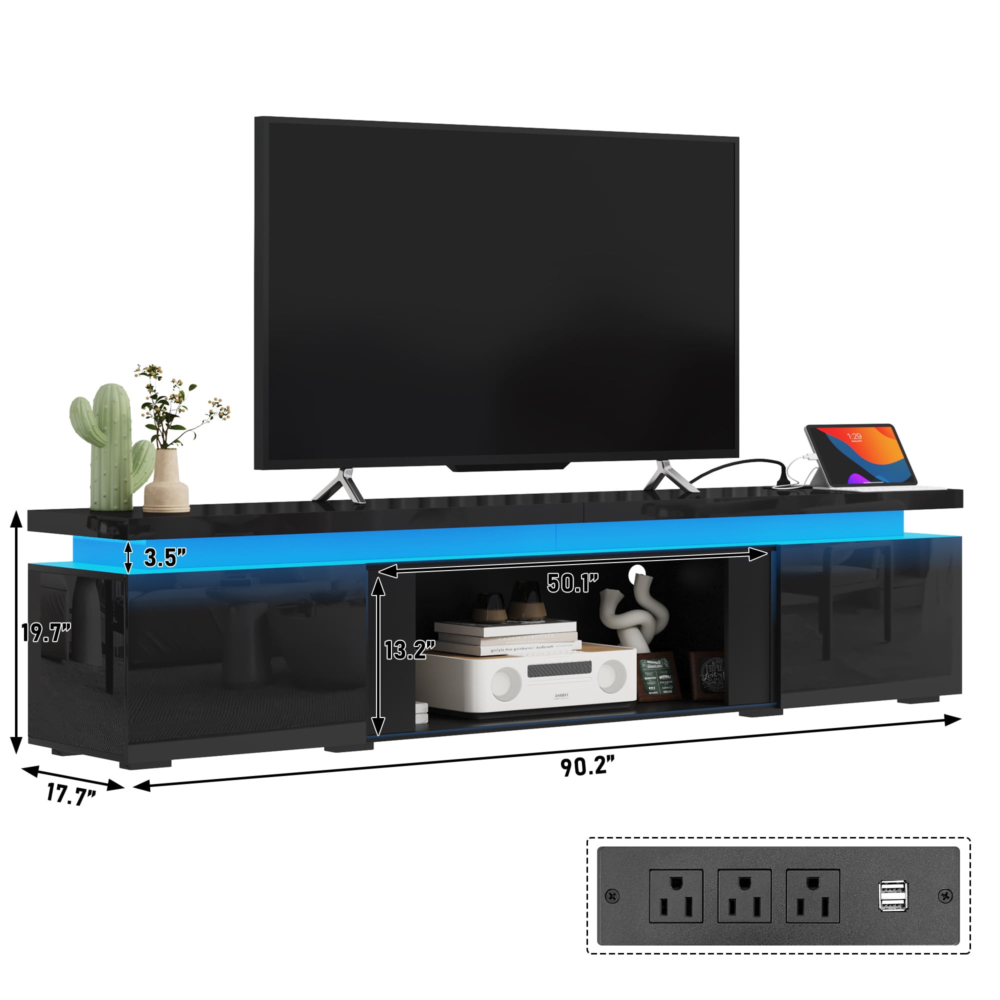 90 inch LED TV Stand with 50" Fireplace Slot & Power Outlet, High Gloss Fireplace TV Stand for 85 90 95 100 inch TVs, Modern Large Media Console Entertainment Center(No Fireplace)
