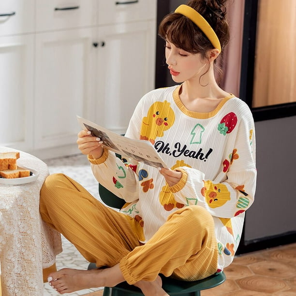 VOIANLIMO New 2 Piece Long Sleeve V Neck Pajamas Women's Pajamas Cute  Cartoon Cotton Pajamas Plus Size Homewear