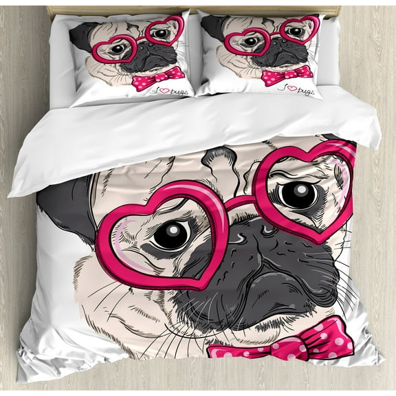 Pug Duvet Cover Set, Dog with Heart Shaped Glasses and Dotted Bow Tie I Love Pugs Drawing, Decorative 3 Piece Bedding Set with 2 Pillow Shams, Calking Size, Pink Grey White, by Ambesonne
