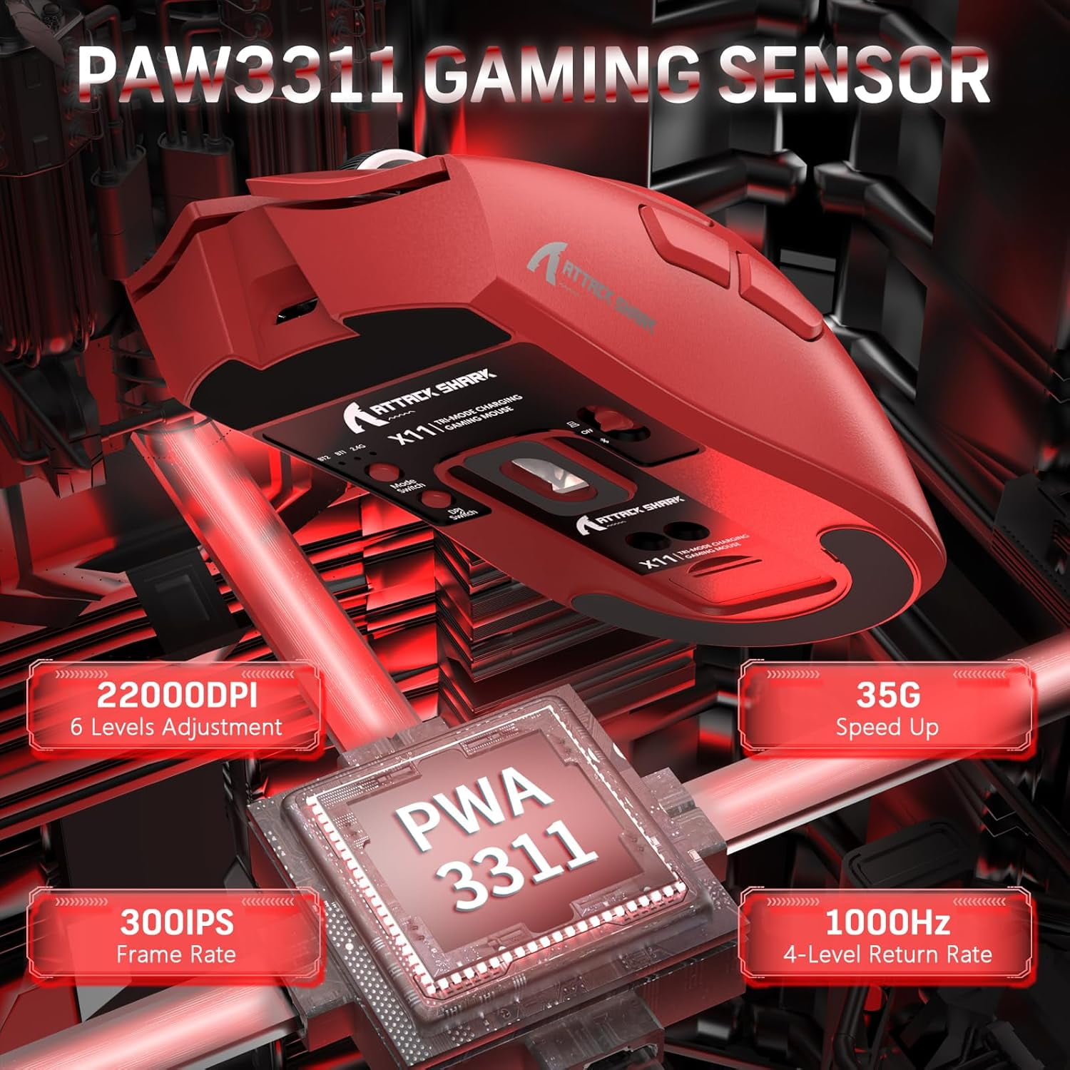 ATTACK SHARK X11 Wireless Gaming Mouse with Charging Dock, PixArt PAW3311 Gaming Sensor, BT/2.4G Wireless/Wired-Red