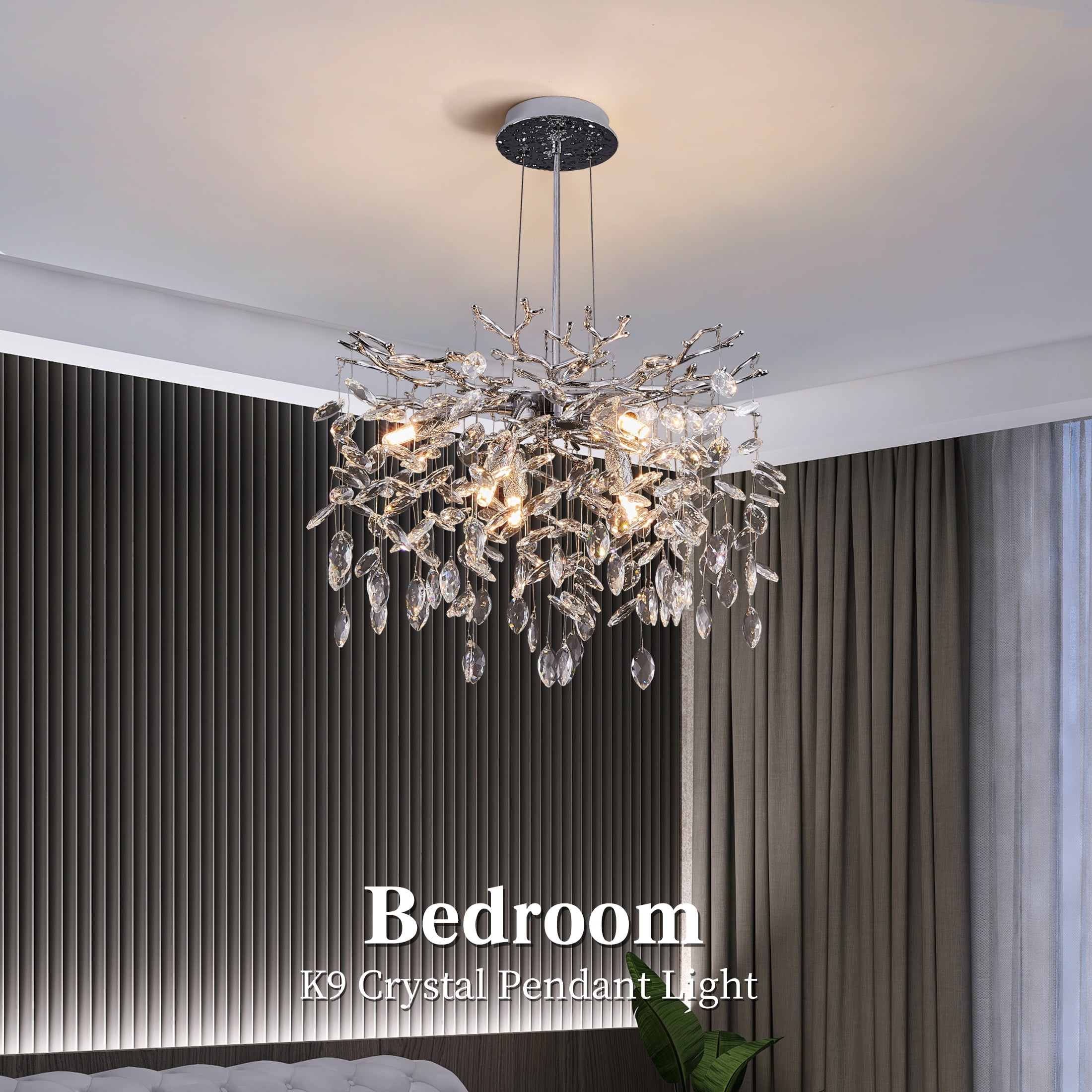 Modern Tree Branch Crystal Chandelier Luxury Silver Crystal Pendant Lighting 18" Contemporary 6-Light Chandeliers for Dining Room Kitchen Bedroom Living Room