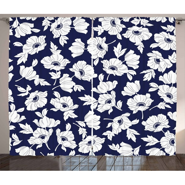 Navy And White Curtains 2 Panels Set Botanical Arrangement With Poppies In Simple Feminine Corsage Window Ds For Living Room Bedroom 108w X 84l Inches Blue By Ambesonne Navy And White Curtains 2 Panels Set, Navy White Curtains