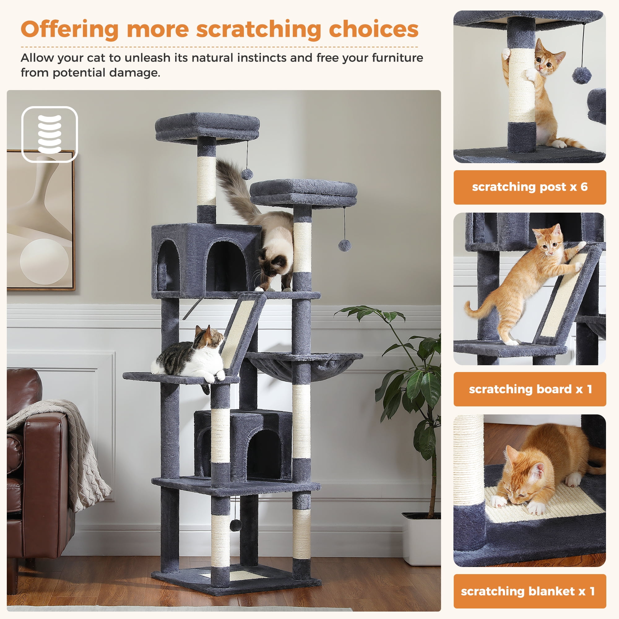 PEQULTI 71 " Large Cat Tree Tower for Cat with Dual Condos and 6 Scratching Posts Indoor Dark Gray