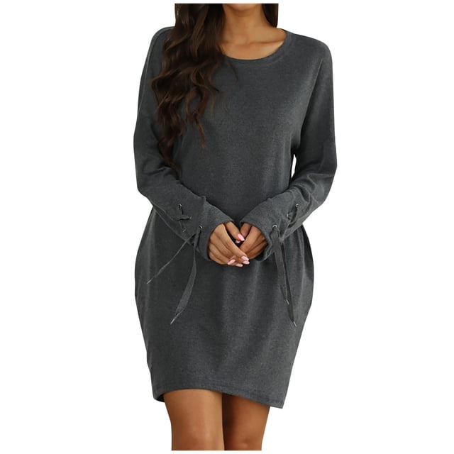 Robes d'Automne pour Femmes 2022 Col Rond Bretelles Manches Longues Robe Couleur Unie Décontractée Ample Dames Tendance Mini Robe
