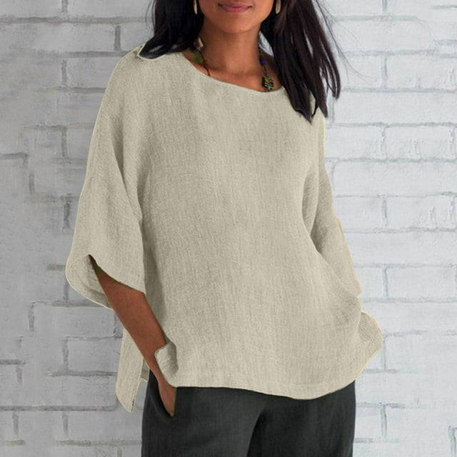 AherBiu Chemises Grande Taille pour Femmes Manches 3/4 Décontractées Hauts d'Été Col Rond en Lin Coton T-Shirts
