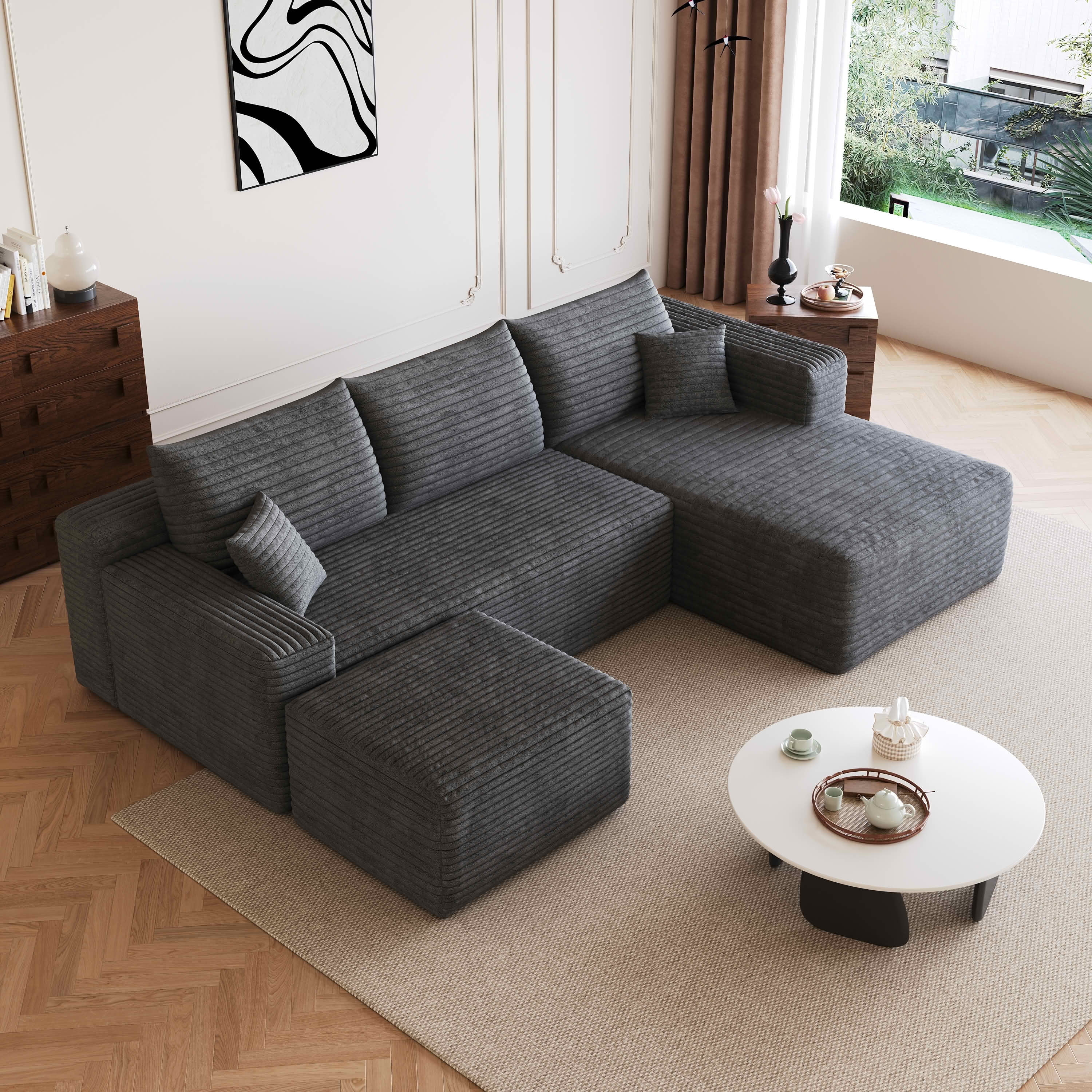MAYEERTY 95" Cloud Sectional Sofa with Ottoman, U-Shaped Corduroy Deep Seat Couch, No Assembly for Living Room, Dark Gray
