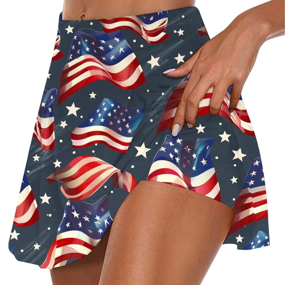 Wiyuqeen Women's 4th of July Skort High Waist Lightweight Golf Skirts with Shorts Flowy American Flag Skorts Red White Blue Golf Skort